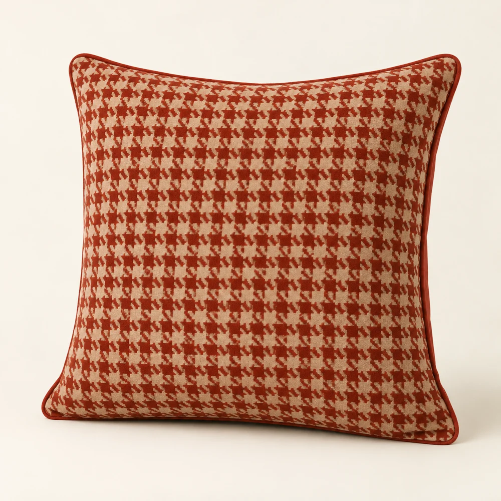 Rust & Sand square houndstooth velvet cushion cover; insert shown for styling