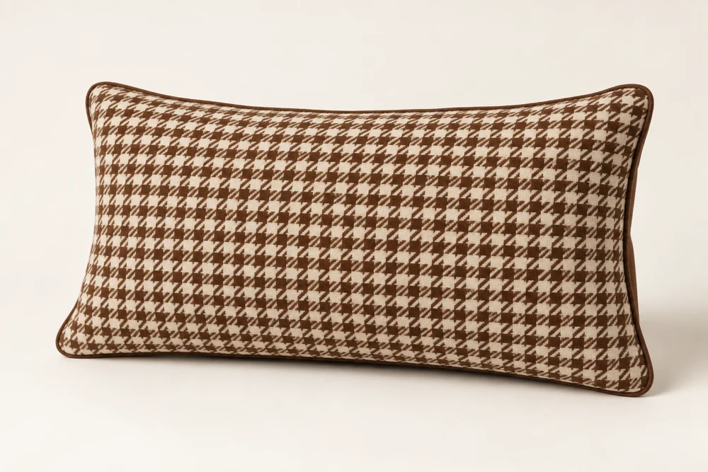 Tobacco & Cream lumbar houndstooth velvet cushion cover; insert shown for styling