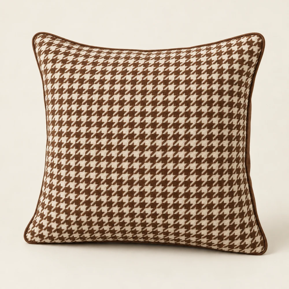 Tobacco & Cream square houndstooth velvet cushion cover; insert shown for styling